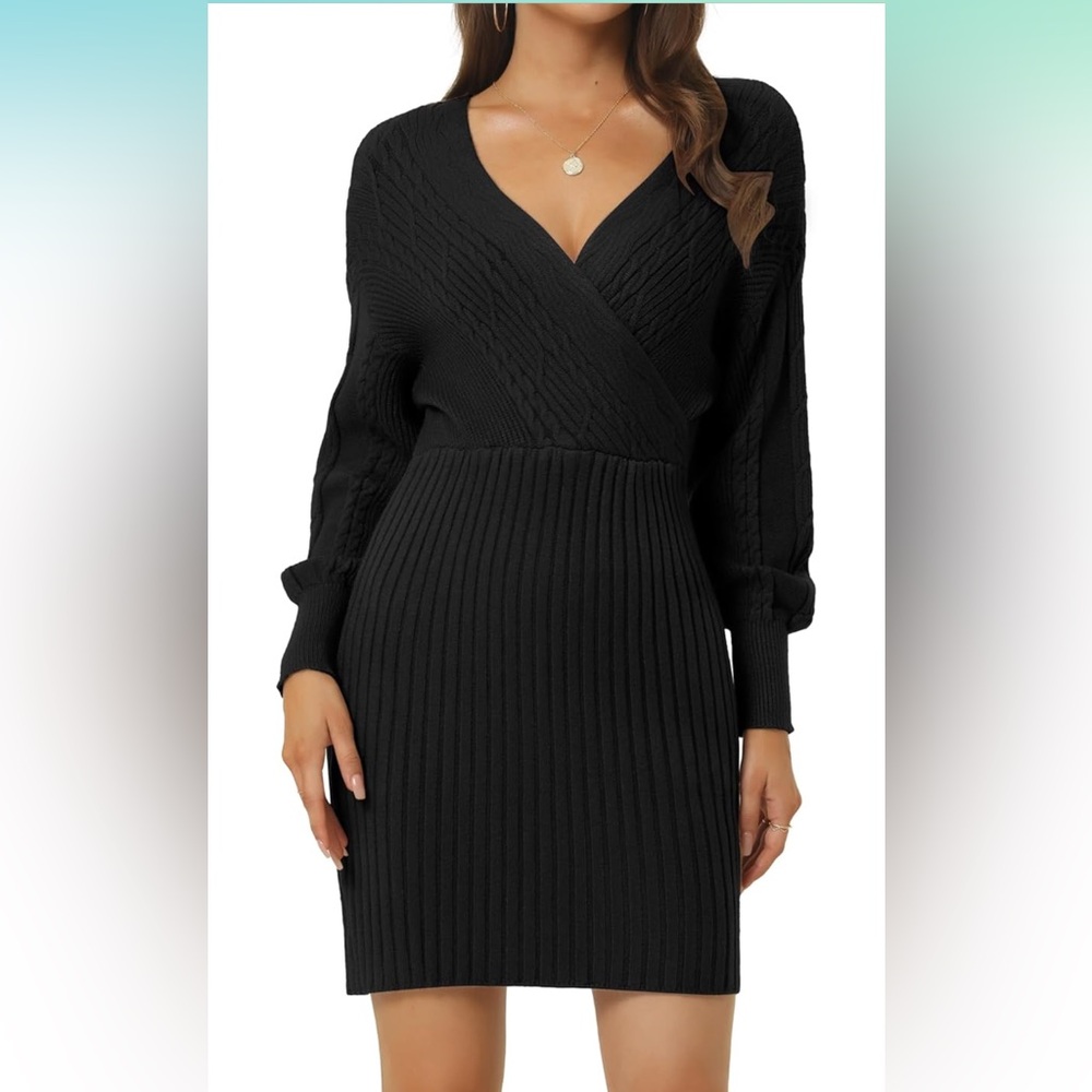 Seta T V Neck Sweater Dress Batwing Sleeve Cable Knit Chunky Bodycon Pullover
